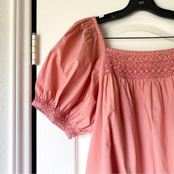 Doen Gail Top Smocked Cotton Poplin Blouse Petal Pink Puff Sleeve Medium EUC - Picture 3 of 8